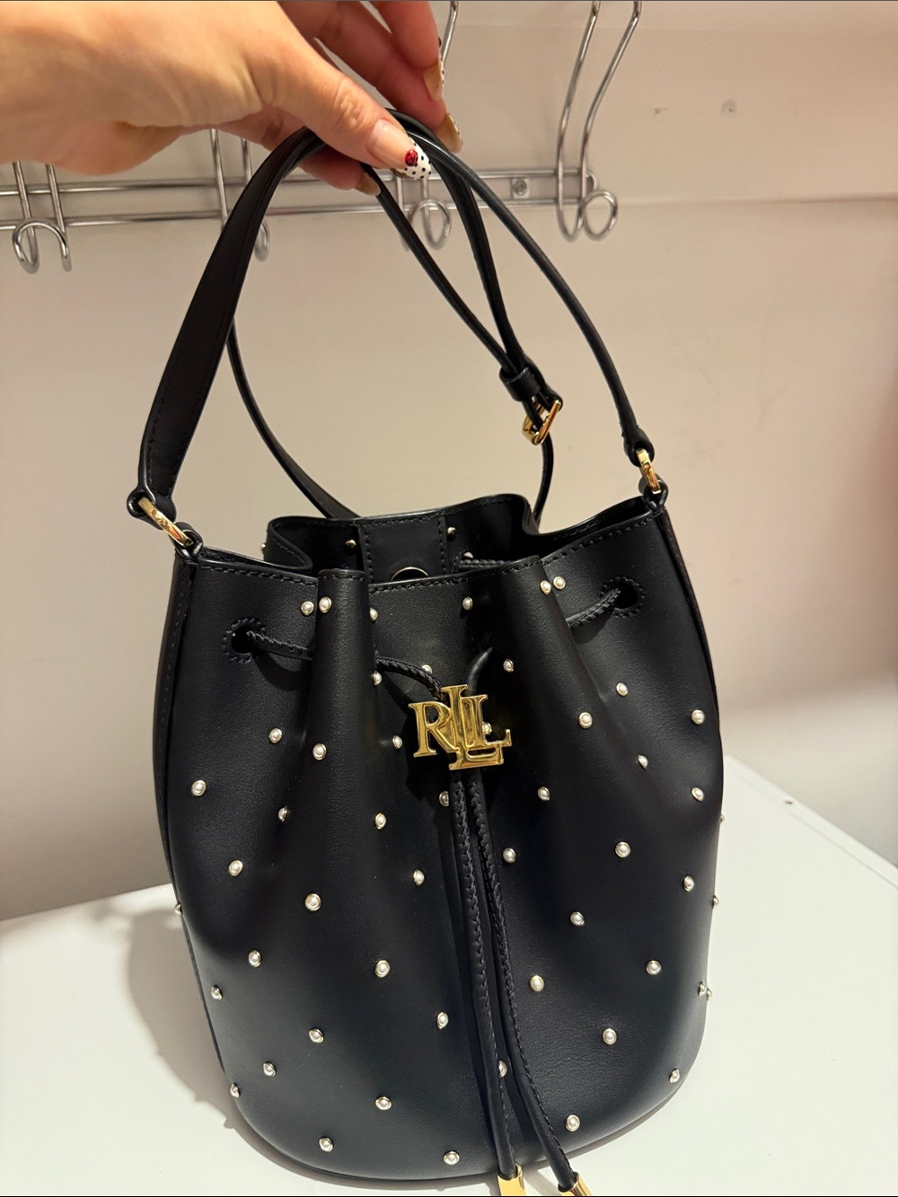 Ralph Lauren Black Pearl-Stud Drawstring Bucket Bag - Picture 2 of 10